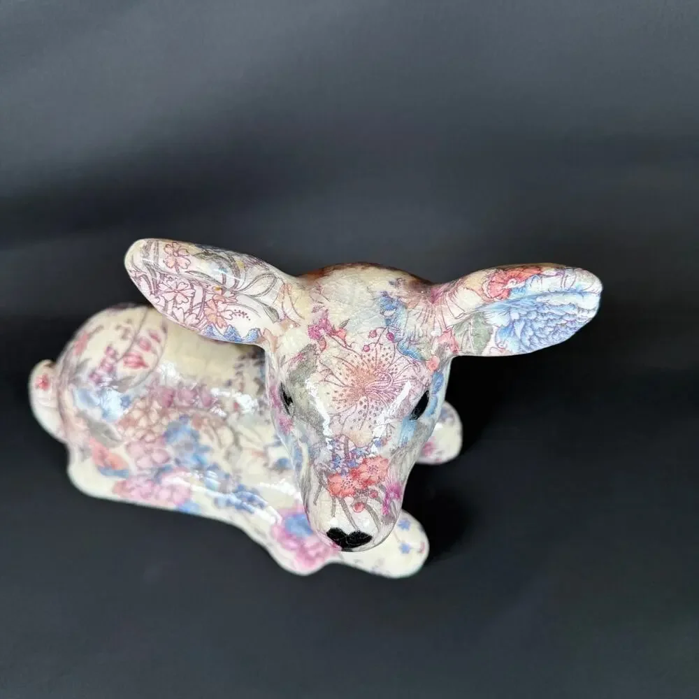 Floral Decoupage Lying Deer Figurine Ceramic Sculpture h8